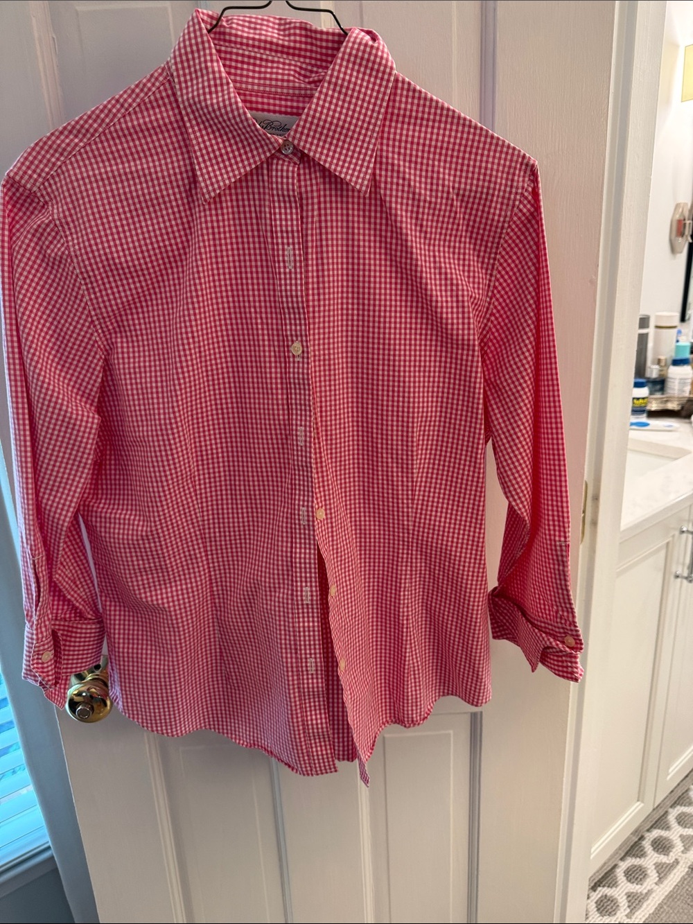 Brooks Brothers Pink Gingham Button-Down Shirt with 3/4 cuff sleeve .